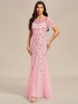 Floral Sequin Maxi Fishtail Tulle Prom Dress with Short Sleeve – Pink