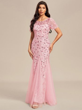 Floral Sequin Maxi Fishtail Tulle Prom Dress with Short Sleeve - Pink