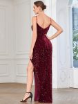 Spaghetti Strap Ruched Sequin High Slit Evening Dress – Burgundy