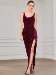 Spaghetti Strap Ruched Sequin High Slit Evening Dress – Burgundy