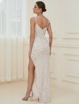 Spaghetti Strap Ruched Sequin High Slit Evening Dress – Champagne