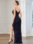 Spaghetti Strap Ruched Sequin High Slit Evening Dress – Navy Blue