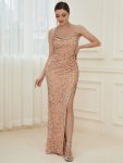 Spaghetti Strap Ruched Sequin High Slit Evening Dress – Rose Gold