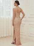 Spaghetti Strap Ruched Sequin High Slit Evening Dress – Rose Gold