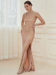 Spaghetti Strap Ruched Sequin High Slit Evening Dress – Rose Gold