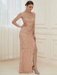 Spaghetti Strap Ruched Sequin High Slit Evening Dress – Rose Gold