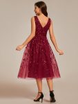 V-Neck Leaf Sequined Sleeveless A-Line Midi Wedding Guest Dress – Burgundy