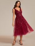 V-Neck Leaf Sequined Sleeveless A-Line Midi Wedding Guest Dress – Burgundy