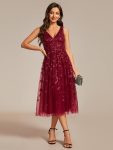 V-Neck Leaf Sequined Sleeveless A-Line Midi Wedding Guest Dress - Burgundy