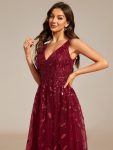 V-Neck Leaf Sequined Sleeveless A-Line Midi Wedding Guest Dress – Burgundy