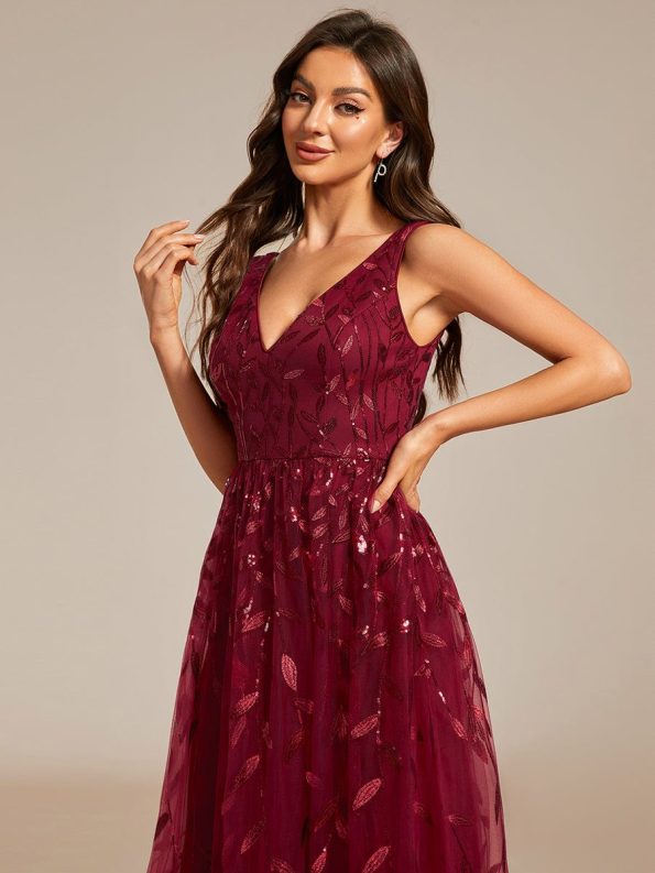 V-Neck Leaf Sequined Sleeveless A-Line Midi Wedding Guest Dress - Burgundy