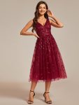 V-Neck Leaf Sequined Sleeveless A-Line Midi Wedding Guest Dress – Burgundy