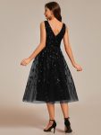 V-Neck Leaf Sequined Sleeveless A-Line Midi Wedding Guest Dress – Black