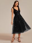 V-Neck Leaf Sequined Sleeveless A-Line Midi Wedding Guest Dress – Black