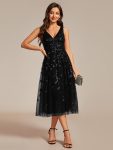 V-Neck Leaf Sequined Sleeveless A-Line Midi Wedding Guest Dress – Black