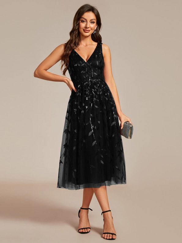 V-Neck Leaf Sequined Sleeveless A-Line Midi Wedding Guest Dress - Black