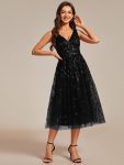 V-Neck Leaf Sequined Sleeveless A-Line Midi Wedding Guest Dress – Black