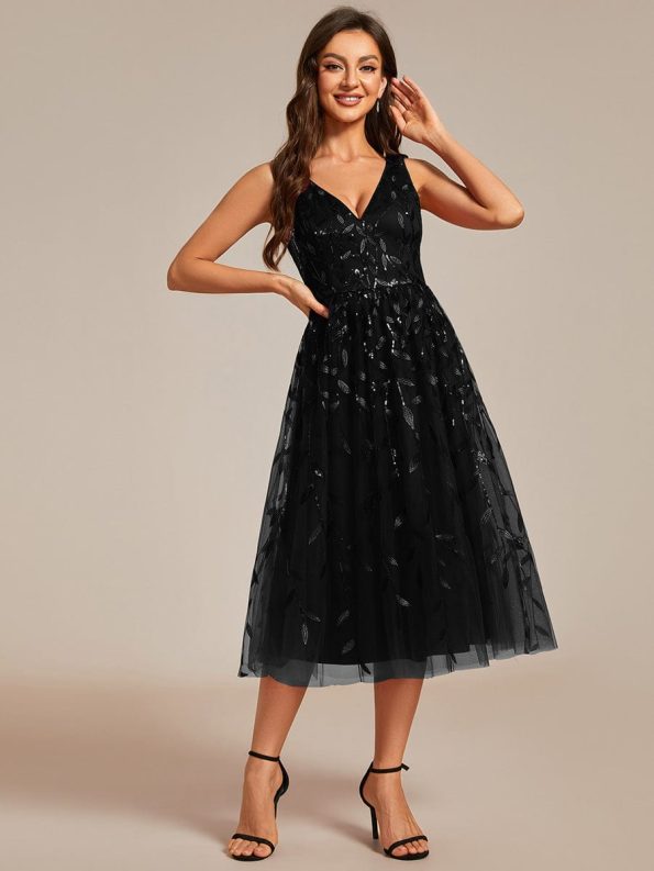 V-Neck Leaf Sequined Sleeveless A-Line Midi Wedding Guest Dress - Black