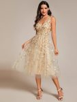 V-Neck Leaf Sequined Sleeveless A-Line Midi Wedding Guest Dress – Gold