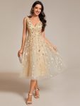 V-Neck Leaf Sequined Sleeveless A-Line Midi Wedding Guest Dress – Gold