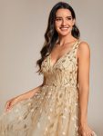 V-Neck Leaf Sequined Sleeveless A-Line Midi Wedding Guest Dress – Gold