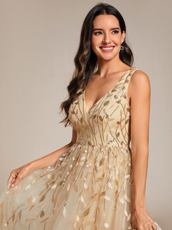 V-Neck Leaf Sequined Sleeveless A-Line Midi Wedding Guest Dress - Gold