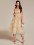 V-Neck Leaf Sequined Sleeveless A-Line Midi Wedding Guest Dress – Gold