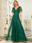 Romantic Shimmery V Neck Ruffle Sleeves Maxi Long Evening Gowns – Dark Green