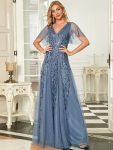 Romantic Shimmery V Neck Ruffle Sleeves Maxi Long Evening Gowns – Dusty Navy