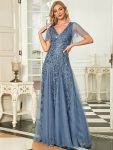 Romantic Shimmery V Neck Ruffle Sleeves Maxi Long Evening Gowns – Dusty Navy