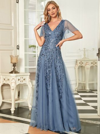 Romantic Shimmery V Neck Ruffle Sleeves Maxi Long Evening Gowns - Dusty Navy