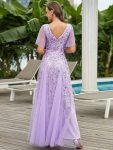 Romantic Shimmery V Neck Ruffle Sleeves Maxi Long Evening Gowns – Lavender