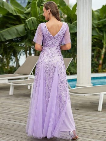 Romantic Shimmery V Neck Ruffle Sleeves Maxi Long Evening Gowns - Lavender