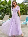 Romantic Shimmery V Neck Ruffle Sleeves Maxi Long Evening Gowns – Lavender