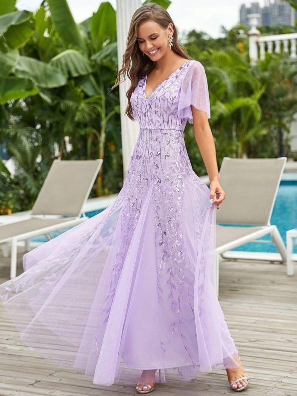 Romantic Shimmery V Neck Ruffle Sleeves Maxi Long Evening Gowns - Lavender