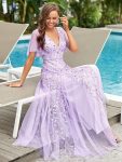 Romantic Shimmery V Neck Ruffle Sleeves Maxi Long Evening Gowns – Lavender