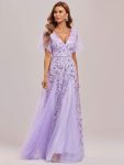 Romantic Shimmery V Neck Ruffle Sleeves Maxi Long Evening Gowns – Lavender