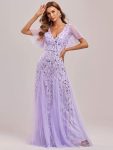 Romantic Shimmery V Neck Ruffle Sleeves Maxi Long Evening Gowns – Lavender