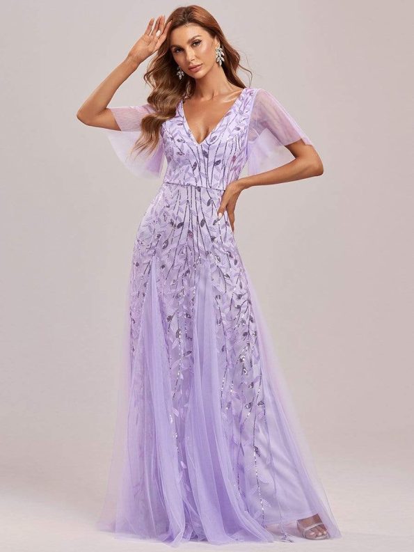 Romantic Shimmery V Neck Ruffle Sleeves Maxi Long Evening Gowns - Lavender