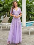 Romantic Shimmery V Neck Ruffle Sleeves Maxi Long Evening Gowns – Lavender