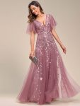 Romantic Shimmery V Neck Ruffle Sleeves Maxi Long Evening Gowns – Purple Orchid