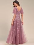 Romantic Shimmery V Neck Ruffle Sleeves Maxi Long Evening Gowns – Purple Orchid