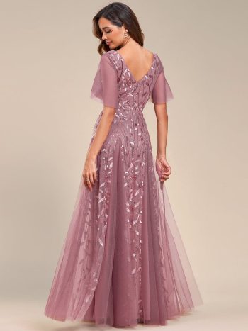 Romantic Shimmery V Neck Ruffle Sleeves Maxi Long Evening Gowns - Purple Orchid