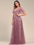 Romantic Shimmery V Neck Ruffle Sleeves Maxi Long Evening Gowns – Purple Orchid