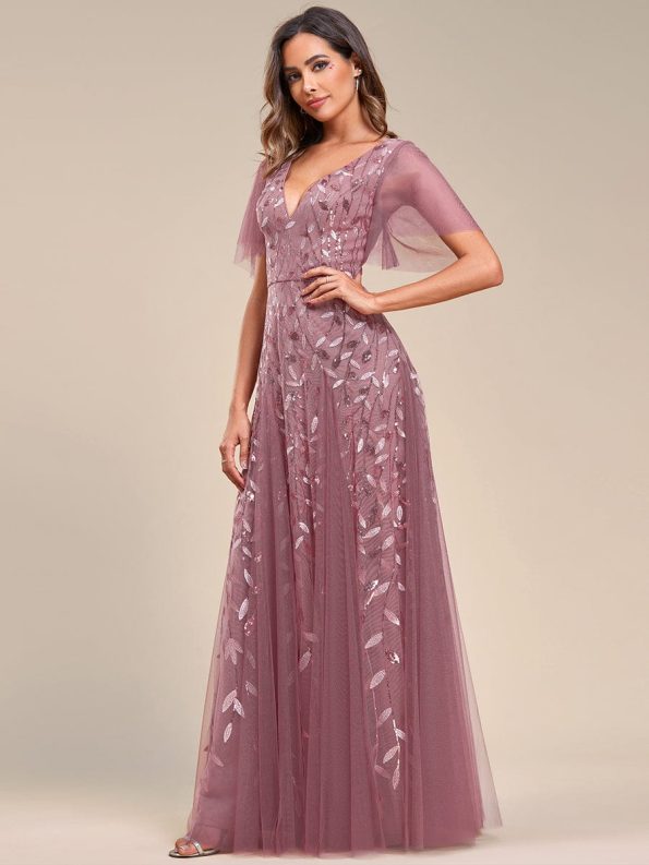 Romantic Shimmery V Neck Ruffle Sleeves Maxi Long Evening Gowns - Purple Orchid