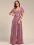 Romantic Shimmery V Neck Ruffle Sleeves Maxi Long Evening Gowns – Purple Orchid