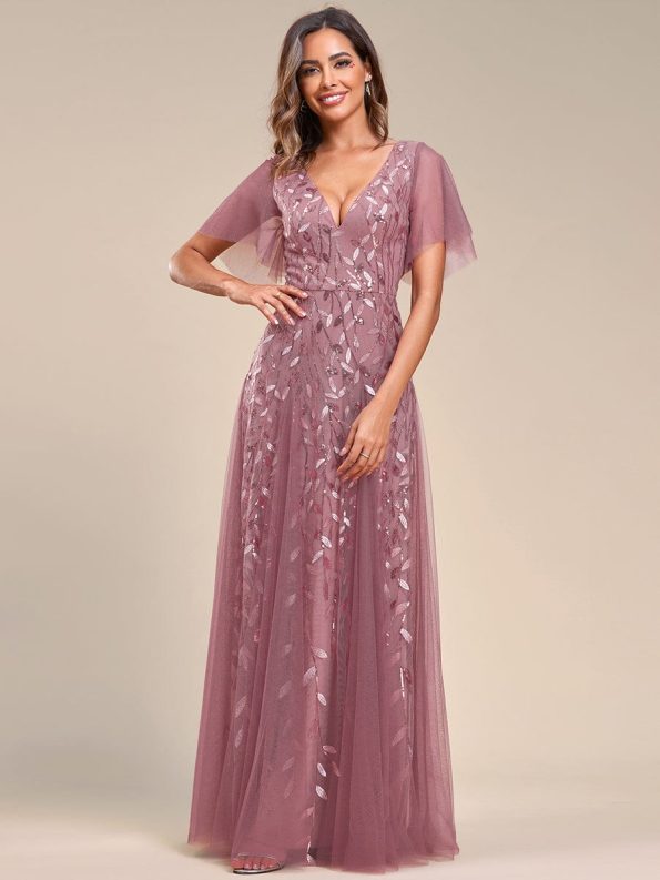 Romantic Shimmery V Neck Ruffle Sleeves Maxi Long Evening Gowns - Purple Orchid