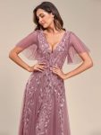 Romantic Shimmery V Neck Ruffle Sleeves Maxi Long Evening Gowns – Purple Orchid