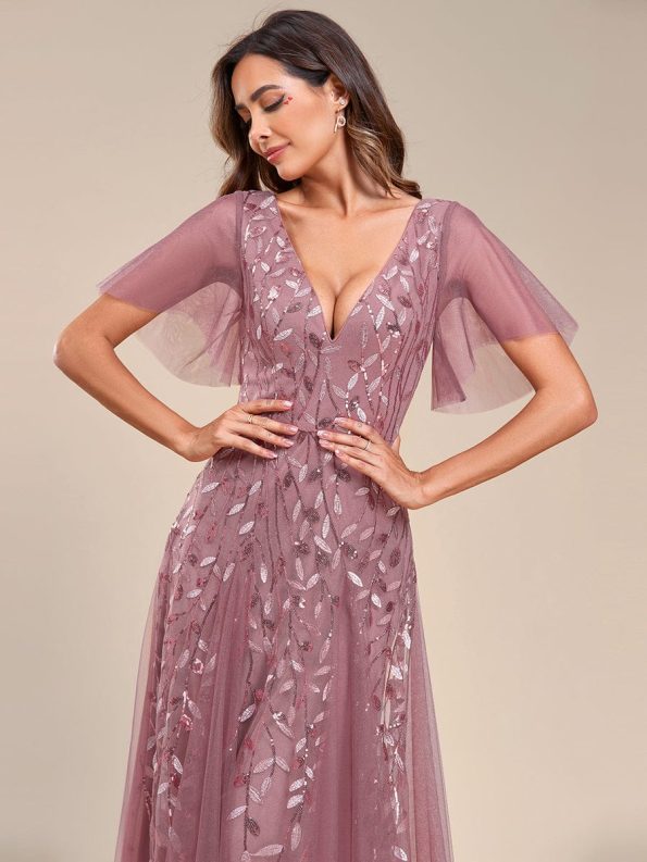 Romantic Shimmery V Neck Ruffle Sleeves Maxi Long Evening Gowns - Purple Orchid