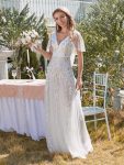 Romantic Shimmery V Neck Ruffle Sleeves Maxi Long Evening Gowns – White